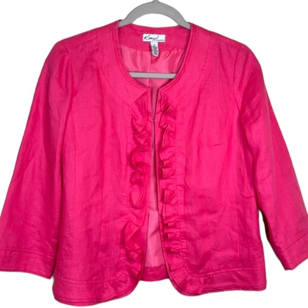 Kim Rogers Linen Jacket Pink Ruffle Trim Cropped Sz S